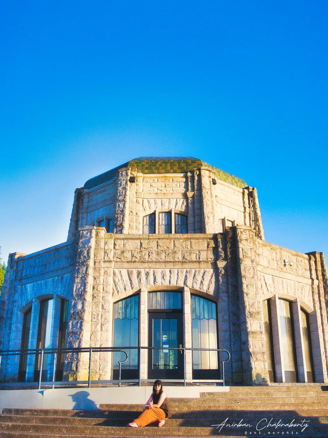 Vista House at Crown Point, one figure small on the steps
