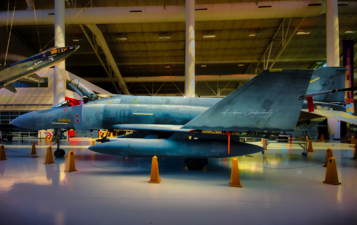 A Phantom parked under the roof trusses