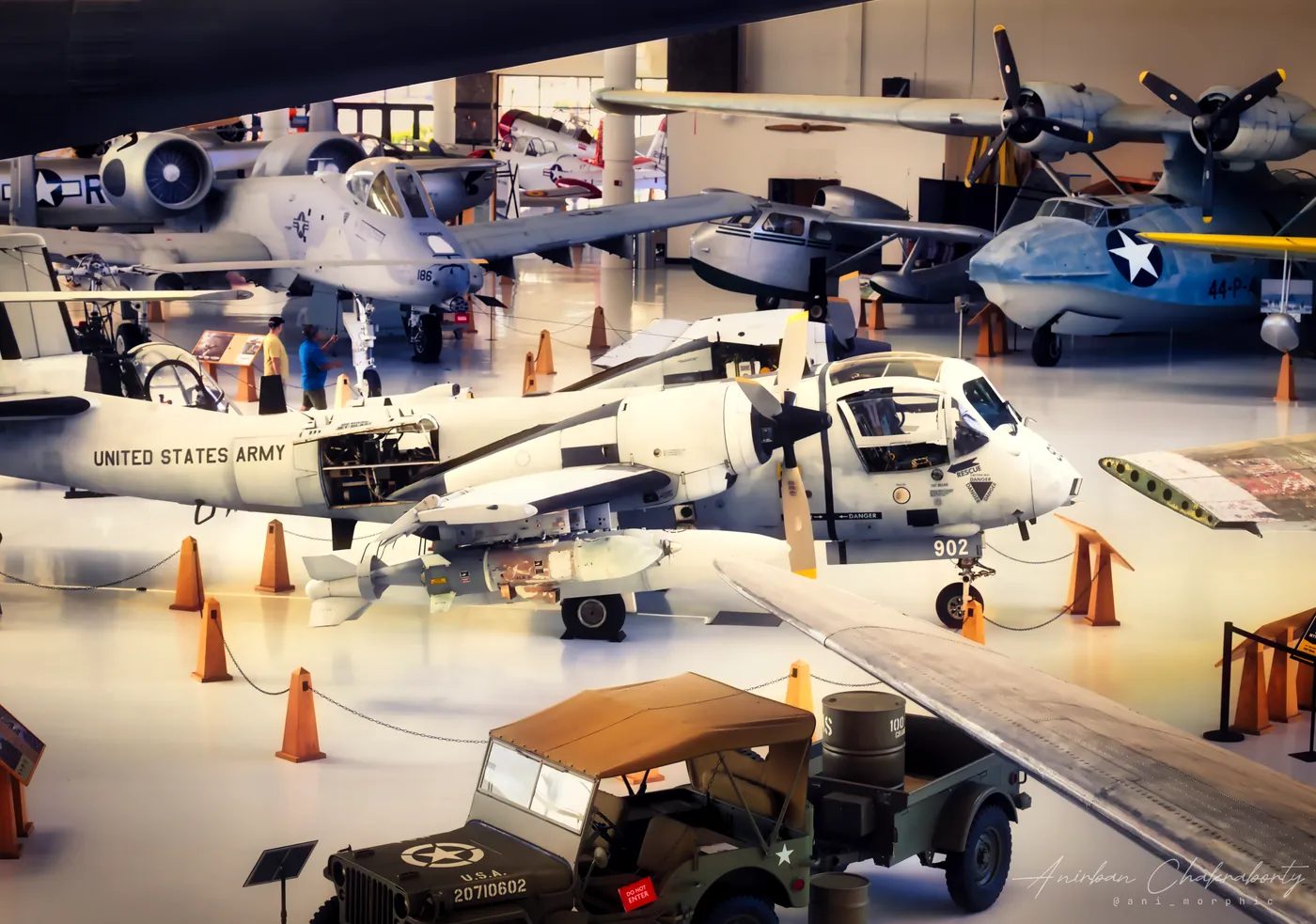 The hangar floor from above, a wartime jeep in the foreground