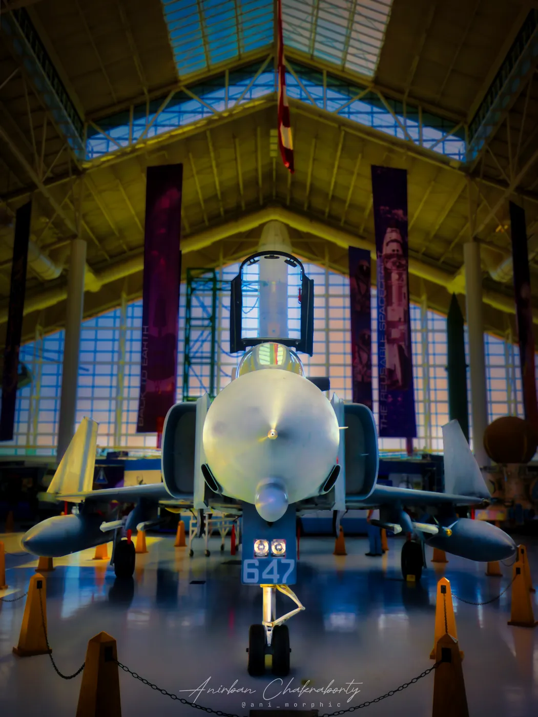 Nose-on with a Phantom, rockets rising behind it