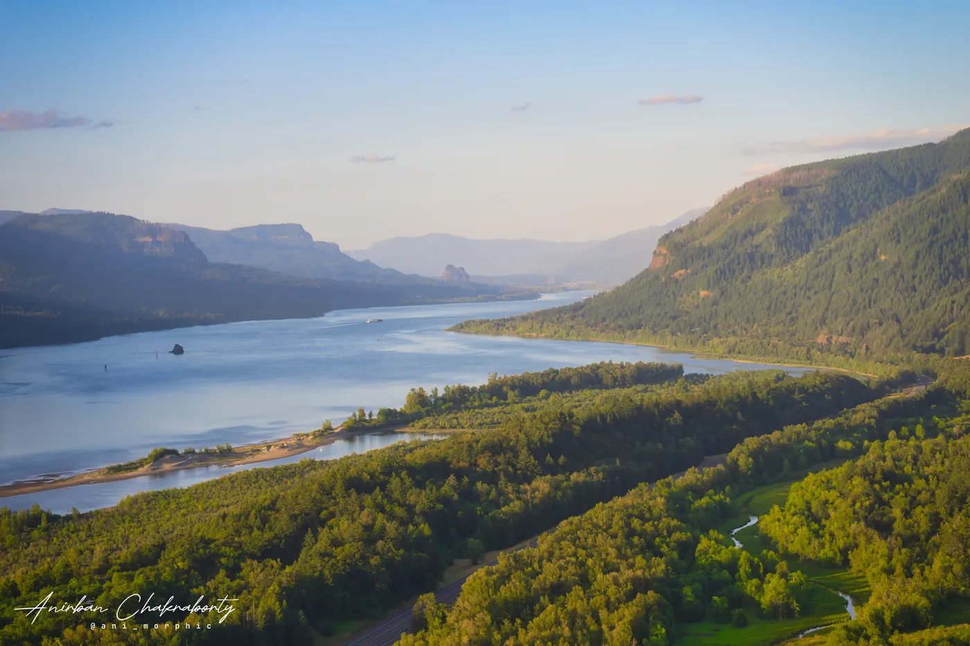The Columbia bending west through the gorge in late haze